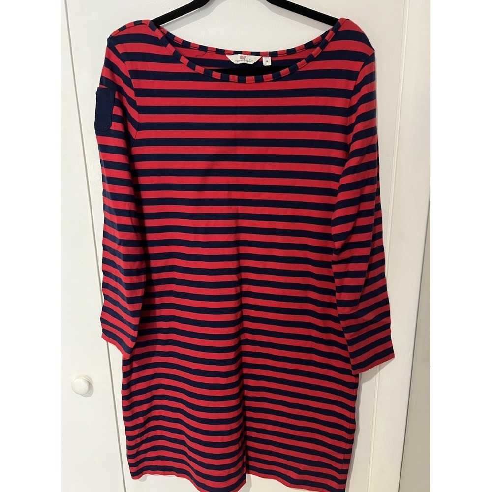 Vineyard Vines Long Sleeve Red And Navy Stripe Knit Dress Knee Medium